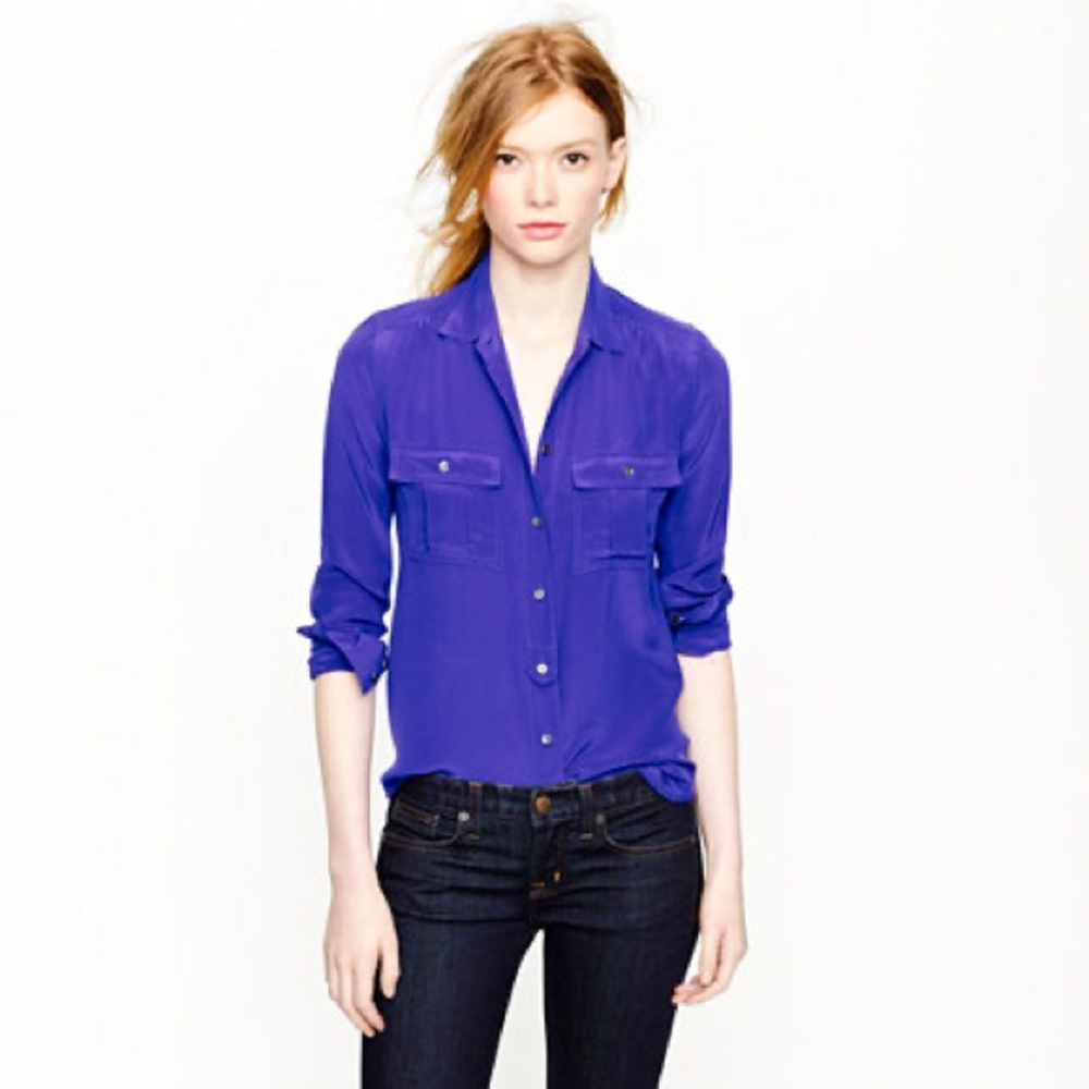 J. Crew Silk Blythe Blouse Camp Shirt Button Down Blue